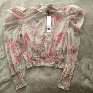 L.I.F.E Women’s Mesh Sheer Blouse Floral Polkadots Mock Neck Stretch Garden